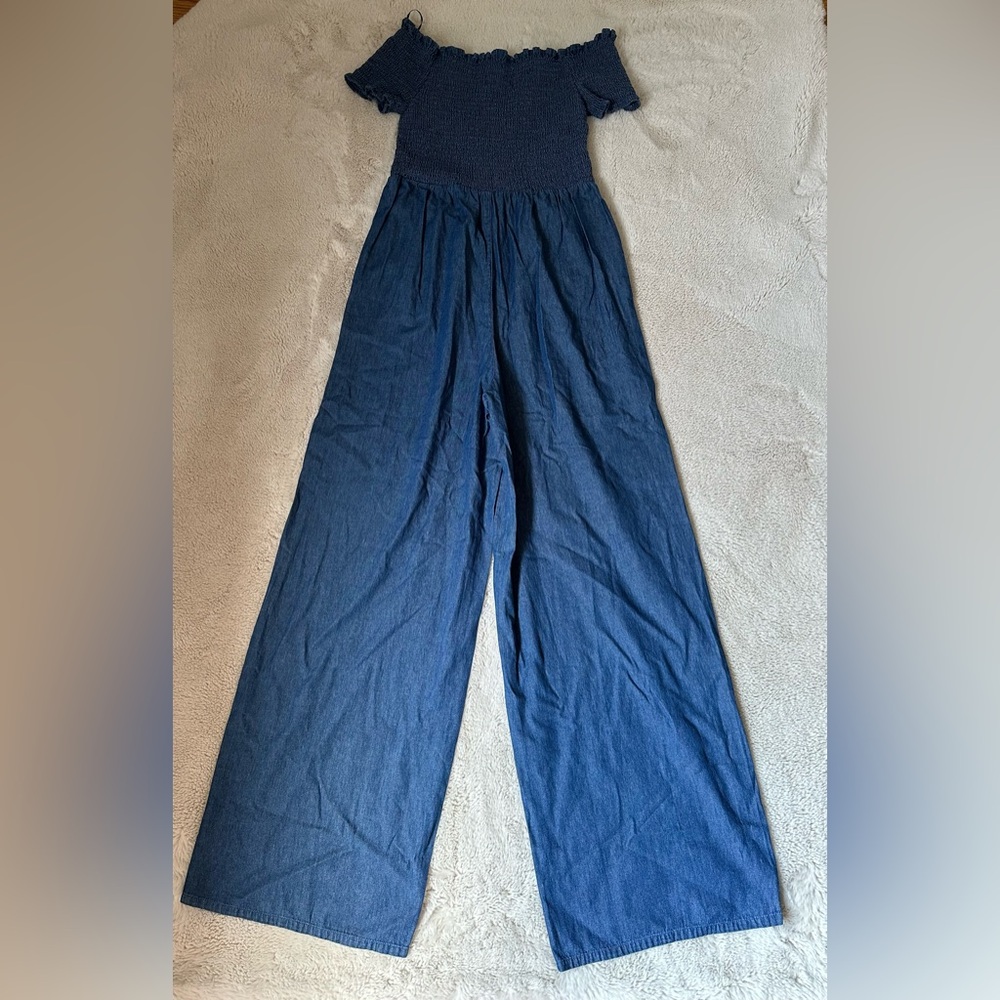Denim Off The Shoulder Smocked Wide Leg Jumpsuit